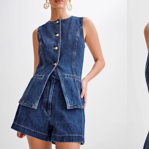 MESHKI Denim Button Up Top & Shorts - Picture 1 of 8